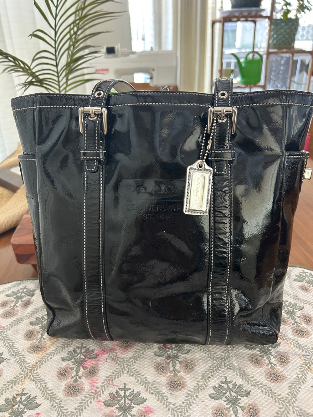 Coach Black Patent Leather Messenger Tote with Branded Tag